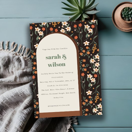 Dark Rust Oranje Groovy Retro Arch Floral Wedding Kaart