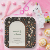 Dark Rust Oranje Groovy Retro Arch Floral Wedding Papieren Bordje (Feest)