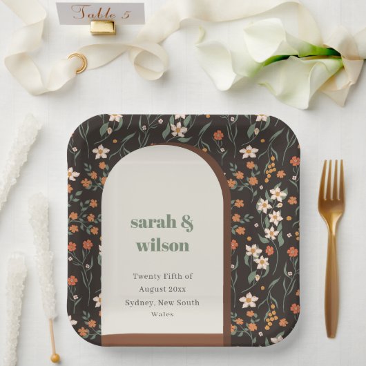 Dark Rust Oranje Groovy Retro Arch Floral Wedding Papieren Bordje (Huwelijk)