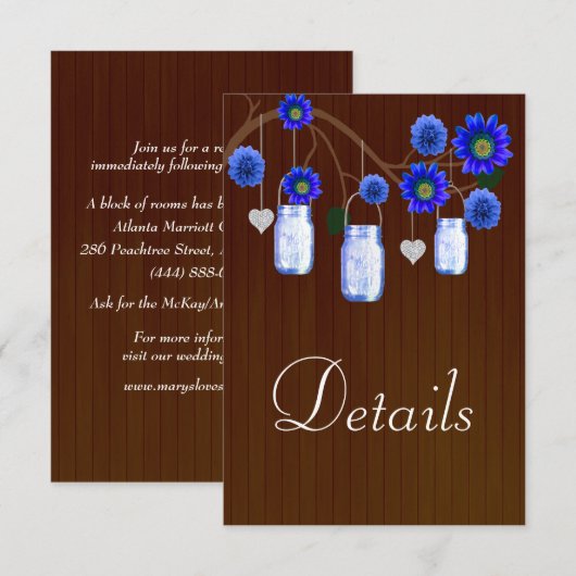 Dark Rustic Blue Floral Mason Jars Wedding Details Informatiekaartje (Voorkant / Achterkant)