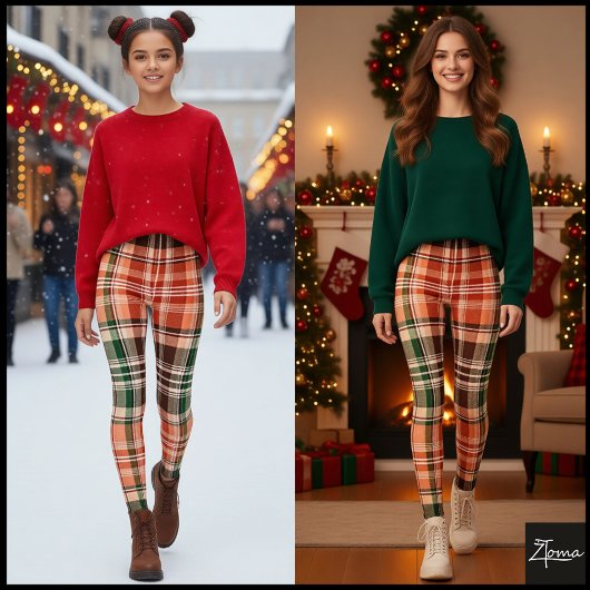 Dark Rustic Orange Green Brown Tartan Plaid Leggings