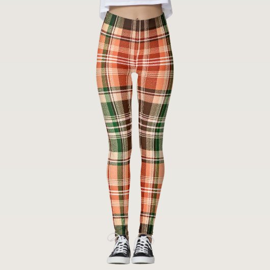 Dark Rustic Orange Green Brown Tartan Plaid Leggings (Voorkant)