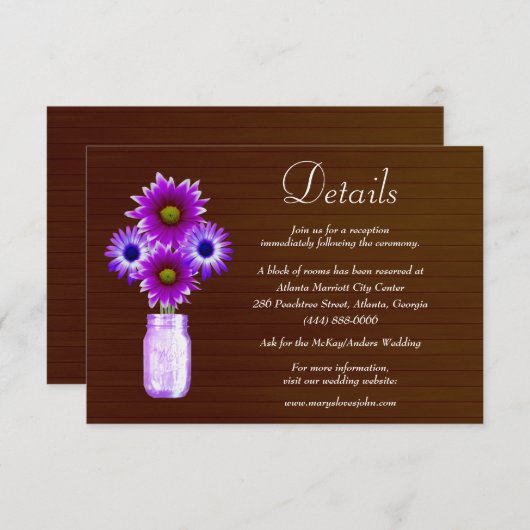 Dark Rustic Paars Floral Mason Jar Wedding Detail Informatiekaartje (Voorkant / Achterkant)