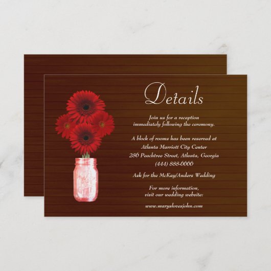 Dark Rustic Red Floral Mason Jar Wedding Details Informatiekaartje (Voorkant / Achterkant)