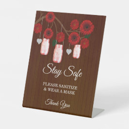 Dark Rustic Red Floral Mason Jar Wedding Safety Reclamebord Met Voetstuk