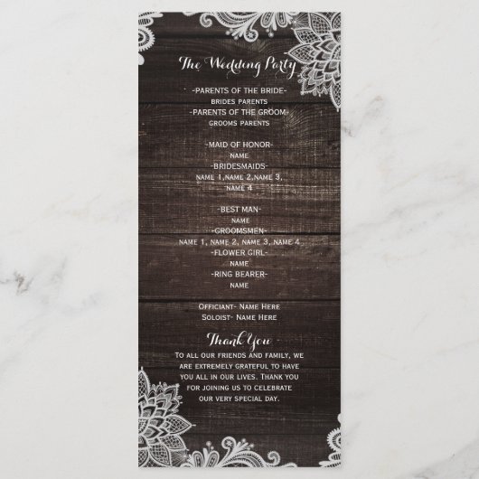 Dark Rustic Wood & Lace Wedding Program Rack Kaart (Achterkant)
