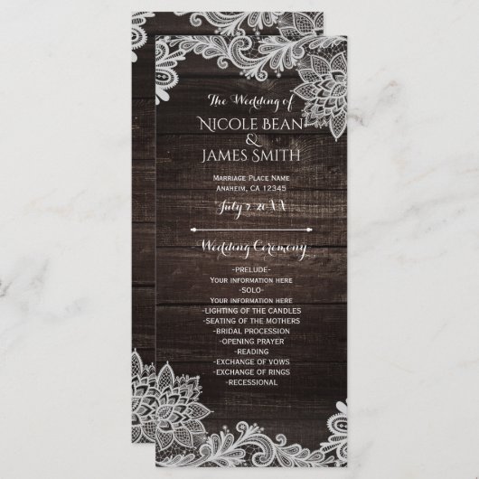 Dark Rustic Wood & Lace Wedding Program Rack Kaart (Voorkant / Achterkant)