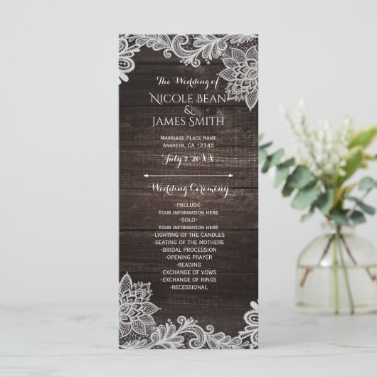 Dark Rustic Wood & Lace Wedding Program Rack Kaart (Staand voorkant)