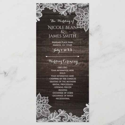 Dark Rustic Wood & Lace Wedding Program Rack Kaart (Voorkant)