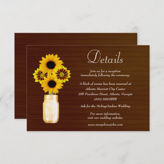 Dark Rustic Yellow Floral Mason Jar Wedding Detail Informatiekaartje (Voorkant / Achterkant)