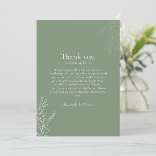 Dark Sage Green Botanical Thank You Card Bedankkaart (Staand voorkant)