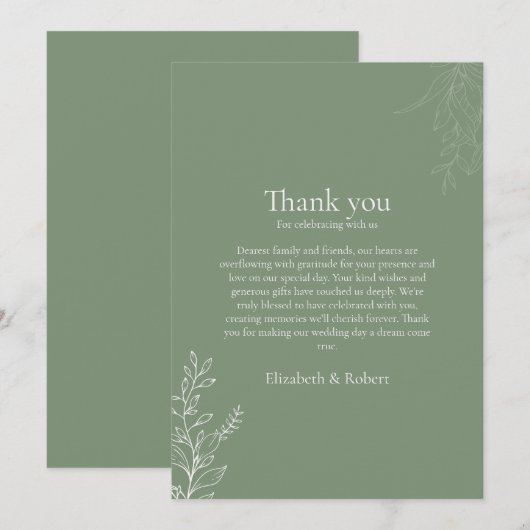 Dark Sage Green Botanical Thank You Card Bedankkaart (Voorkant / Achterkant)
