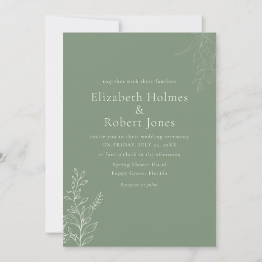 Dark Sage Green Botanical Wedding Invitation Kaart (Voorkant)
