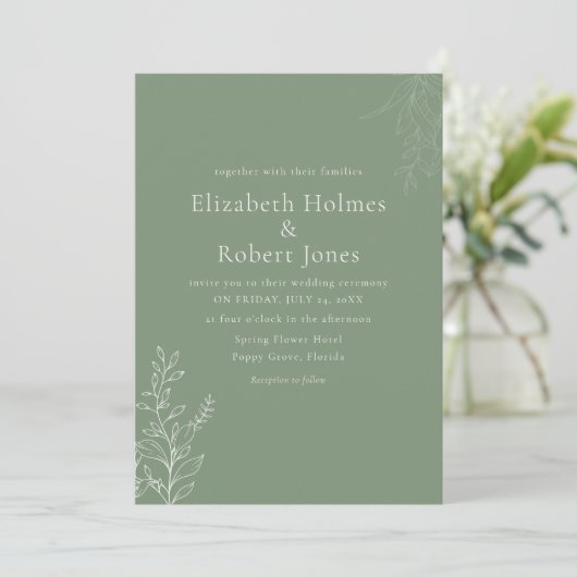 Dark Sage Green Botanical Wedding Invitation Kaart (Staand voorkant)