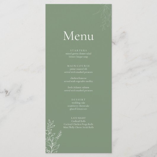 Dark Sage Green Botanical Wedding Menu (Voorkant)