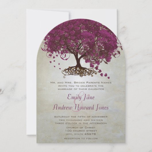 Dark Sangria Heart Leaf Tree Wedding Invites Kaart (Voorkant)