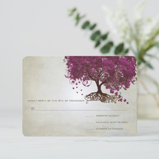 Dark Sangria Heart Leaf Tree Wedding RSVP (Staand voorkant)