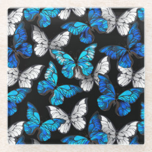 Dark Seamless Pattern with Blue Butterflies Morpho Glazen Onderzetter