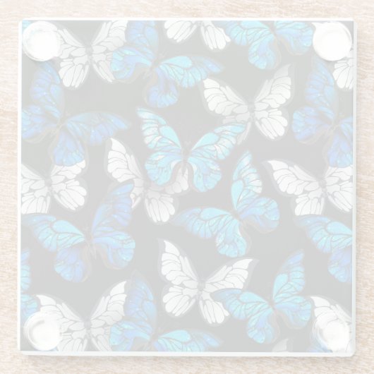 Dark Seamless Pattern with Blue Butterflies Morpho Glazen Onderzetter (Achterkant)
