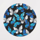 Dark Seamless Pattern with Blue Butterflies Morpho Labels (Design 2)