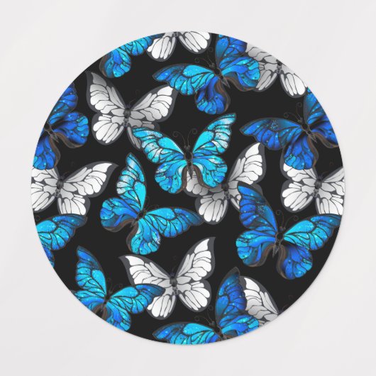 Dark Seamless Pattern with Blue Butterflies Morpho Labels (Design 2)