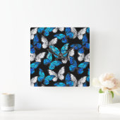 Dark Seamless Pattern with Blue Butterflies Morpho Vierkante Klok (Huis)