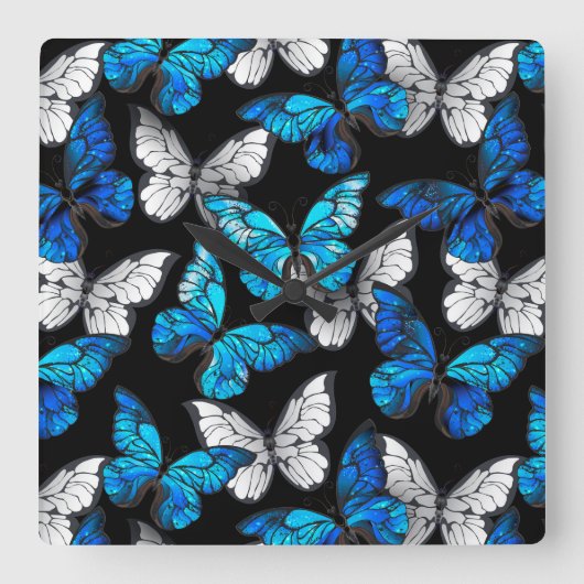 Dark Seamless Pattern with Blue Butterflies Morpho Vierkante Klok (Voorkant)