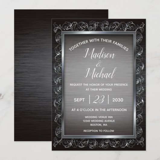 Dark Silver Grunge Metal Wedding Kaart (Voorkant / Achterkant)