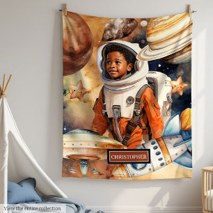 Dark Skin Astronaut Boy Blanket Waterverf Galaxy Fleece Deken