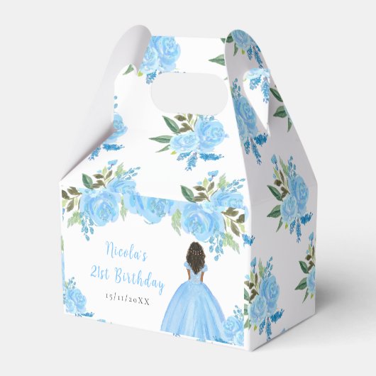 Dark Skin Princess Blue Floral Birthday Party Bedankdoosjes (Achterkant)