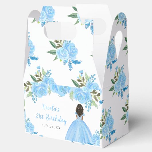Dark Skin Princess Blue Floral Birthday Party Bedankdoosjes (Geopend)