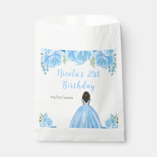 Dark Skin Princess Blue Floral Birthday Party Bedankzakje (Voorkant)