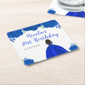 Dark Skin Princess Blue Floral Birthday Party Kartonnen Onderzetters (Schuin)