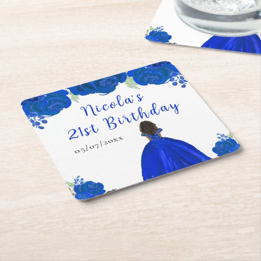Dark Skin Princess Blue Floral Birthday Party Kartonnen Onderzetters (Schuin)