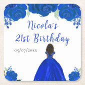 Dark Skin Princess Blue Floral Birthday Party Kartonnen Onderzetters (Voorkant)
