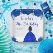 Dark Skin Princess Blue Floral Birthday Party Papieren Bordje (Feest)