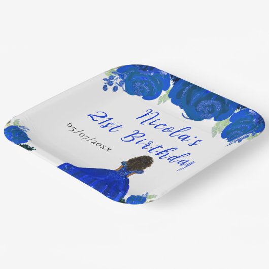 Dark Skin Princess Blue Floral Birthday Party Papieren Bordje (Gebogen)