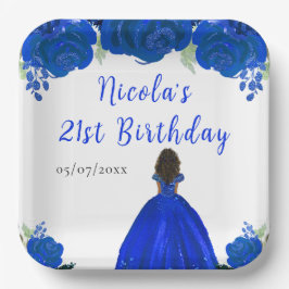 Dark Skin Princess Blue Floral Birthday Party Papieren Bordje