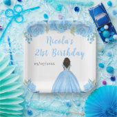 Dark Skin Princess Blue Floral Birthday Party Papieren Bordje (Feest)