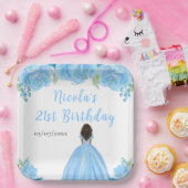 Dark Skin Princess Blue Floral Birthday Party Papieren Bordje (Feest)