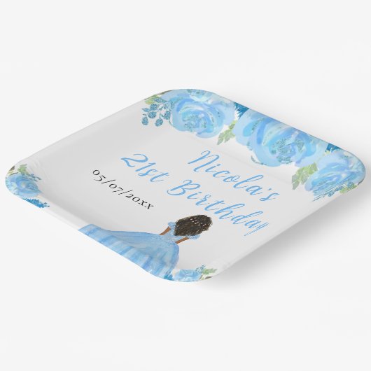 Dark Skin Princess Blue Floral Birthday Party Papieren Bordje (Gebogen)