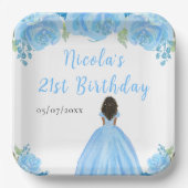 Dark Skin Princess Blue Floral Birthday Party Papieren Bordje (Voorkant)