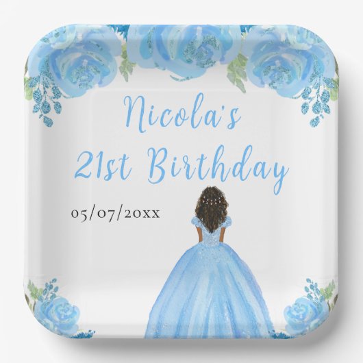 Dark Skin Princess Blue Floral Birthday Party Papieren Bordje (Voorkant)