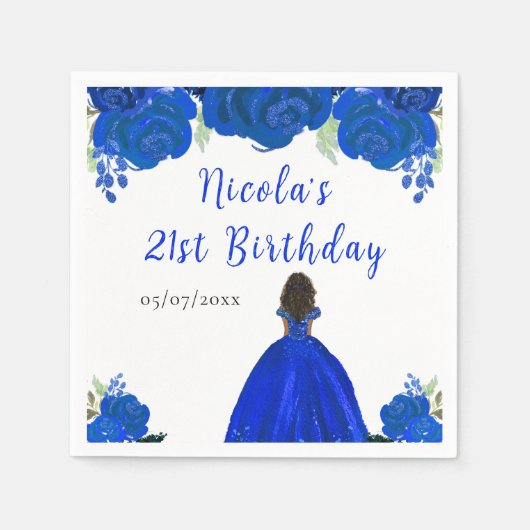 Dark Skin Princess Blue Floral Birthday Party Servet (Voorkant)