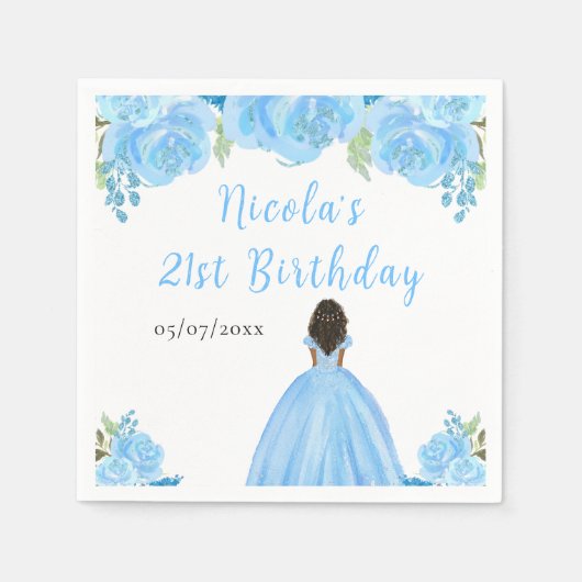 Dark Skin Princess Blue Floral Birthday Party Servet (Voorkant)