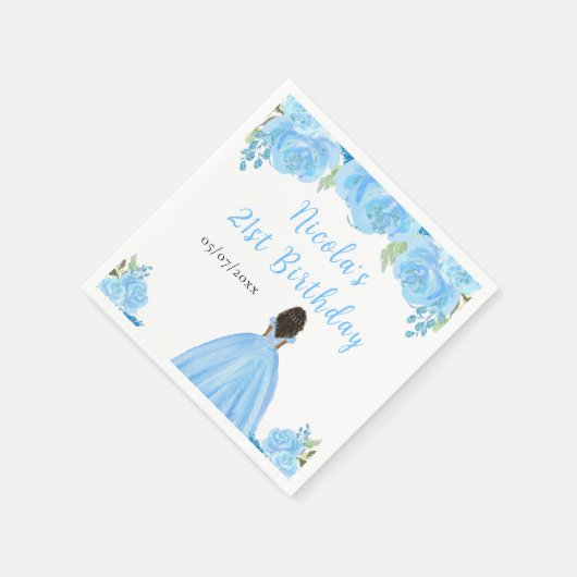 Dark Skin Princess Blue Floral Birthday Party Servet (Hoek)