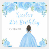 Dark Skin Princess Blue Floral Birthday Party Vierkante Sticker (Voorkant)