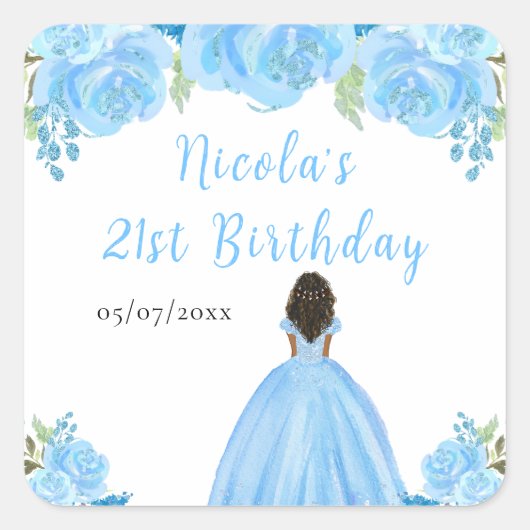 Dark Skin Princess Blue Floral Birthday Party Vierkante Sticker (Voorkant)