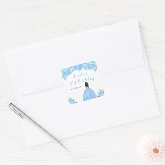Dark Skin Princess Blue Floral Birthday Party Vierkante Sticker (Envelop)