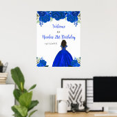 Dark Skin Princess Blue Floral Birthday Welcome Poster (Thuiskantoor)